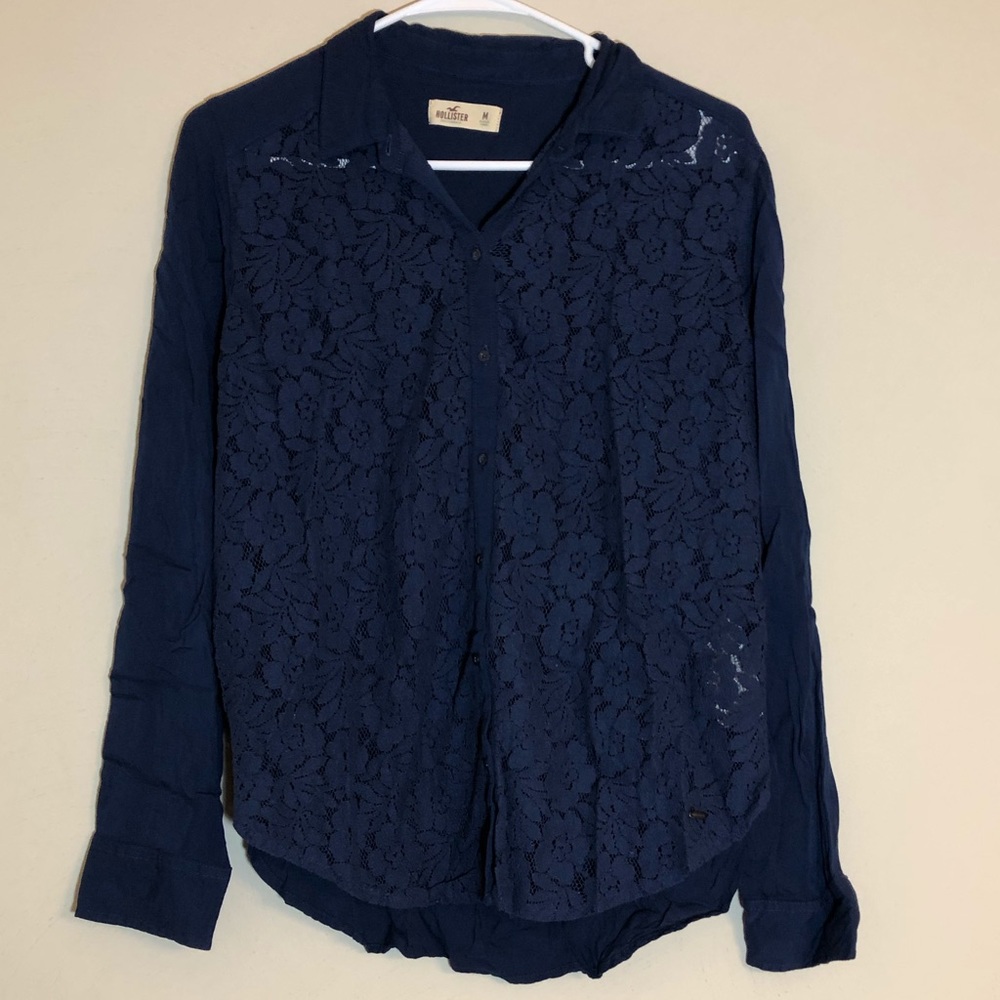 Navy lace button up